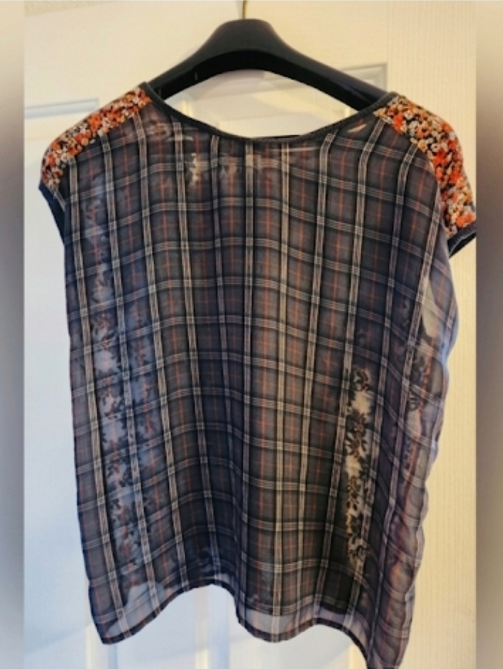 ZARA Plaid Sheer Top with Floral Accents